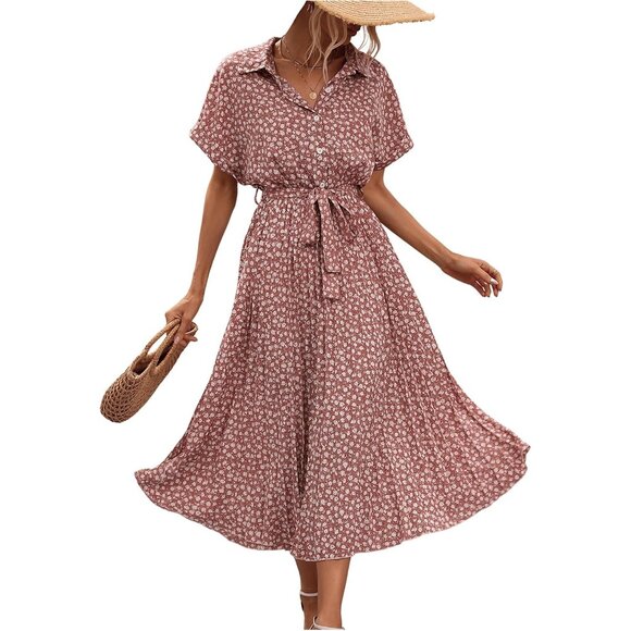 Dresses & Skirts - Women's Floral Print Long Dress Polyester Summer Casual A-line Short Sleeve